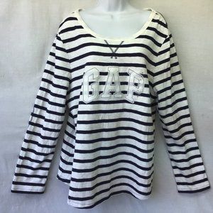 GAP Women's Top Tee Navy Blue White Striped Round Neck Lg Sleeve Popover NWT XXL